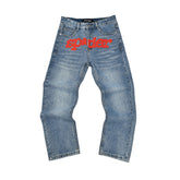 Spider Sp5der Red Logo Light Wash Baggy Denim Jeans