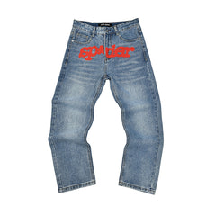 Spider Sp5der Red Logo Light Wash Baggy Denim Jeans