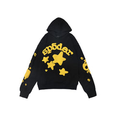 Spider sp5der yellow star puff graphic print black pullover hoodie