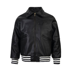 Corteiz Embossed Logo Black Leather Varsity Jacket