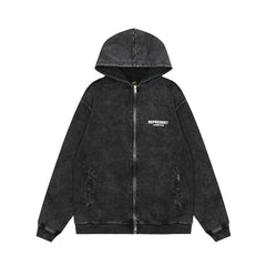 Represent Owners Club Vintage Washed Black Oversized Zip‑Up Hoodie