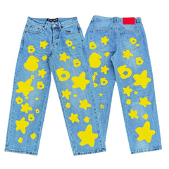 Spider yellow star 6 print light wash baggy denim jeans