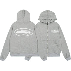 Corteiz Oval Island Logo Full‑Zip Heather Grey Hooded Jacket