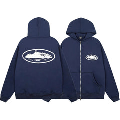 Corteiz Oval Island Logo Full‑Zip Navy Hooded Jacket