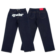 Spider white logo print raw indigo baggy denim jeans
