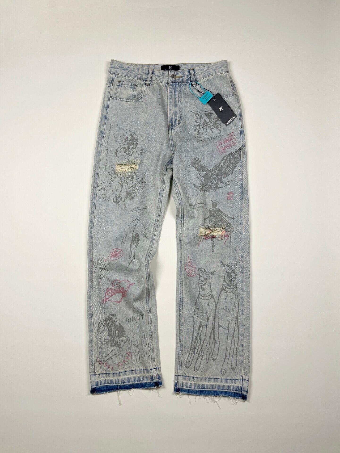 Represent All Over Sketch Print Distressed Washed Denim Pants