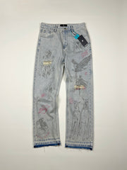 Represent All Over Sketch Print Distressed Washed Denim Pants