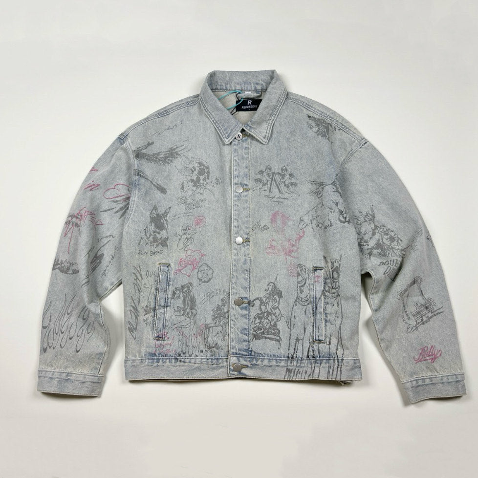 Represent All Over Sketch Print Washed Denim Trucker Jacket