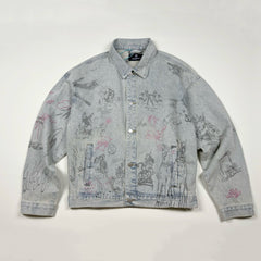 Represent All Over Sketch Print Washed Denim Trucker Jacket