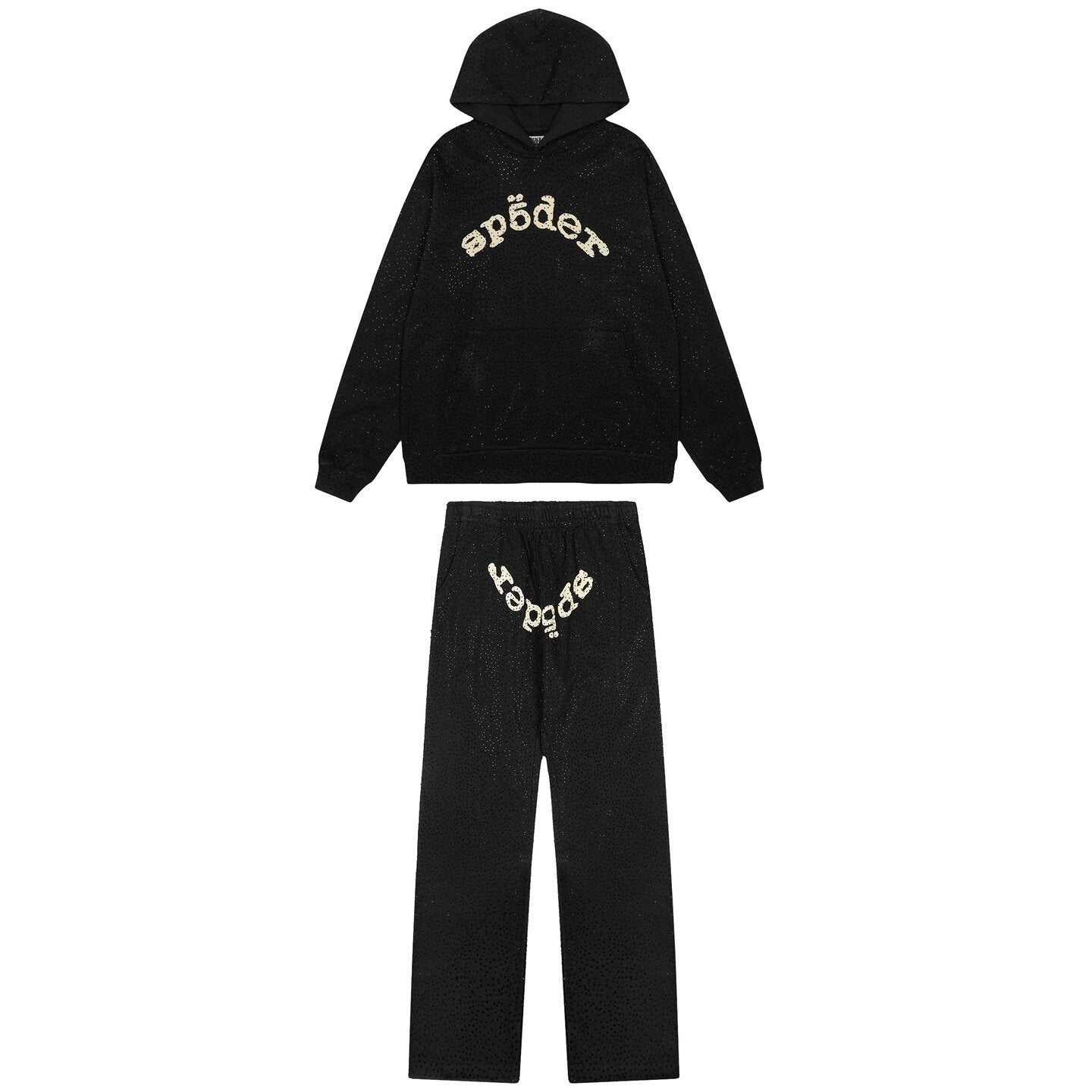 Sp5der Rhinestone Black Hoodie Tracksuit