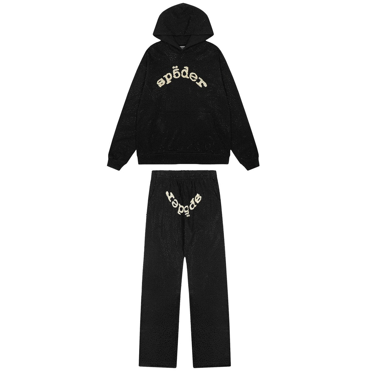 Sp5der Rhinestone Black Hoodie Tracksuit