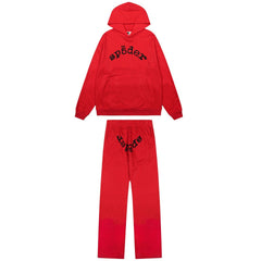 Sp5der Rhinestone Red Hoodie Tracksuit