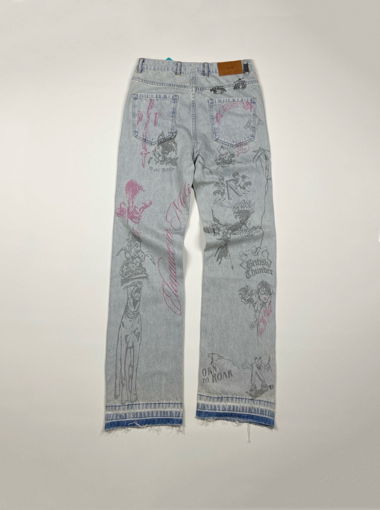 Represent All Over Sketch Print Distressed Washed Denim Pants