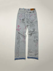 Represent All Over Sketch Print Distressed Washed Denim Pants