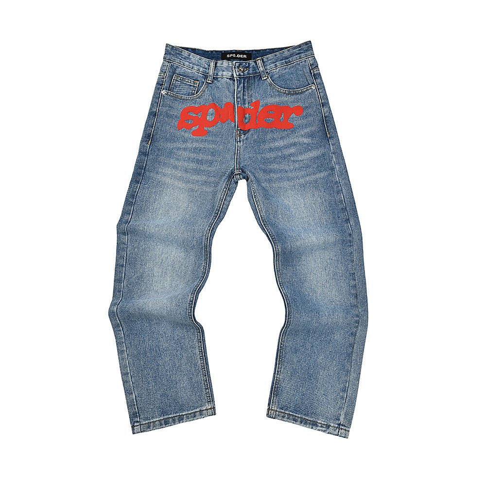 Spider Sp5der Red Logo Light Wash Baggy Denim Jeans