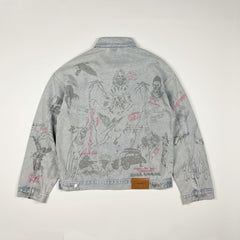 Represent All Over Sketch Print Washed Denim Trucker Jacket