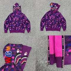 Bape Double Hood Shark Full Zip Hoodie Purple Camo