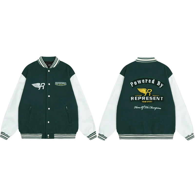 Represent Winged R Logo Varsity Jacket Green White
