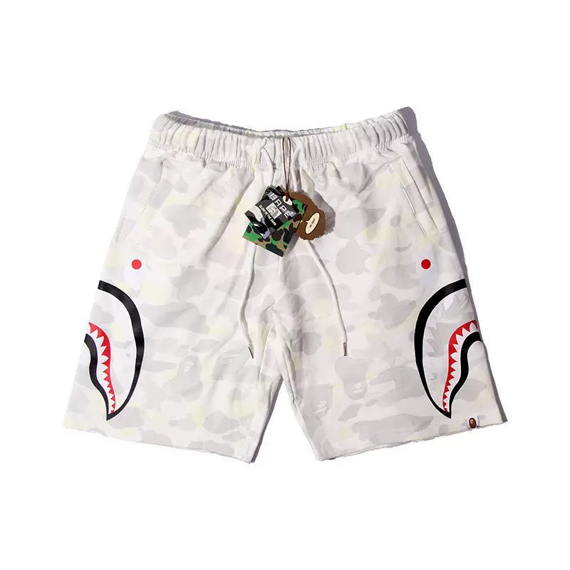 BAPE Style Snow Camo Shark Casual Shorts - Off-White/Light Grey