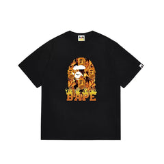 BAPE Style Flame & Logo Ape Head Short-Sleeve Tee - Black
