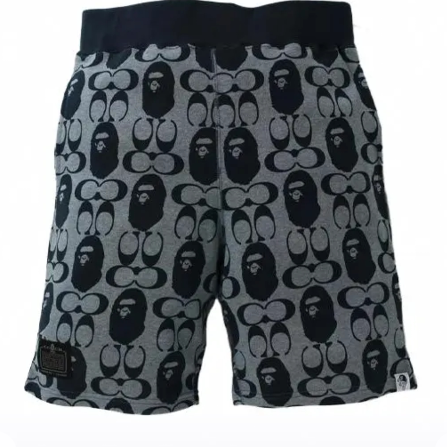 BAPE Style Monogram All-Over Print Ape Head Casual Shorts - Grey/Black