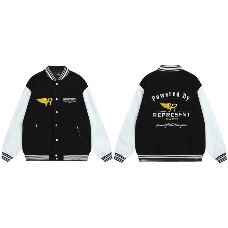 present Winged R Logo Varsity Jacket Black White