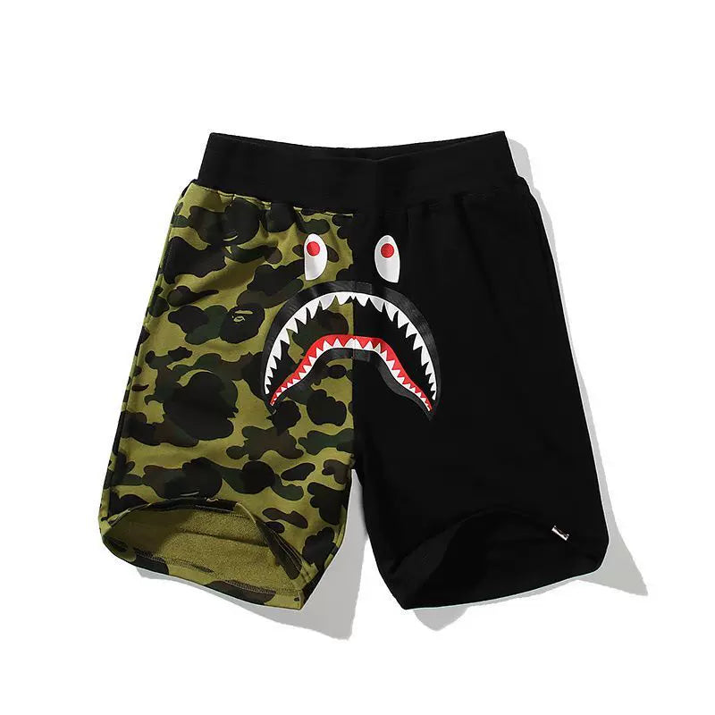 BAPE Style Split-Color Camo Shark Casual Shorts - Green/Black