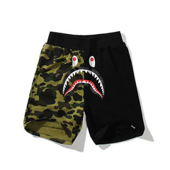 BAPE Style Split-Color Camo Shark Casual Shorts - Green/Black