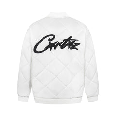 Corteiz Script Logo White Quilted Bomber Jacket