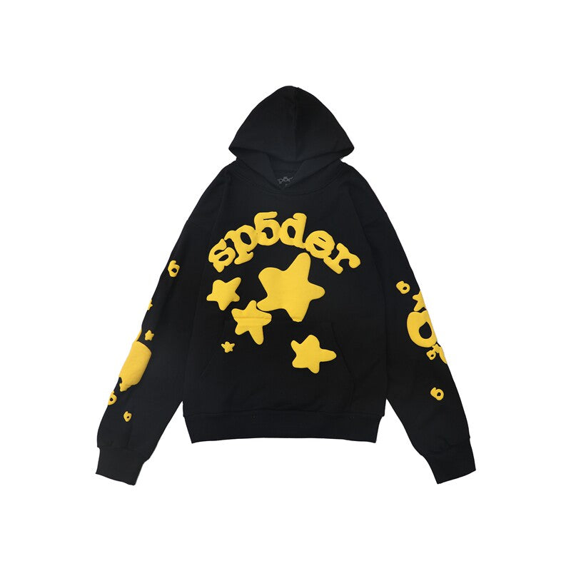 Spider sp5der yellow star puff graphic print black pullover hoodie