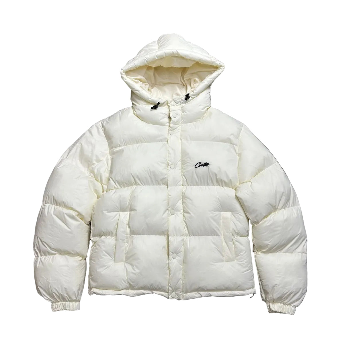 Corteiz Script Logo Off‑White Hooded Puffer Jacket