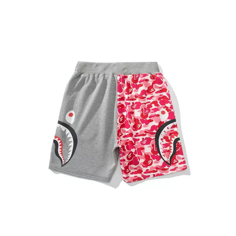 BAPE Style Split-Color Camo Shark Casual Shorts - Grey/Pink