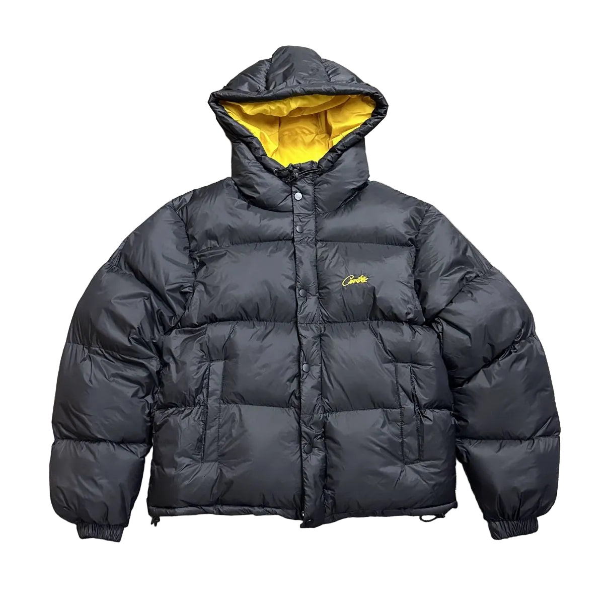 Corteiz Script Logo Black Hooded Puffer Jacket