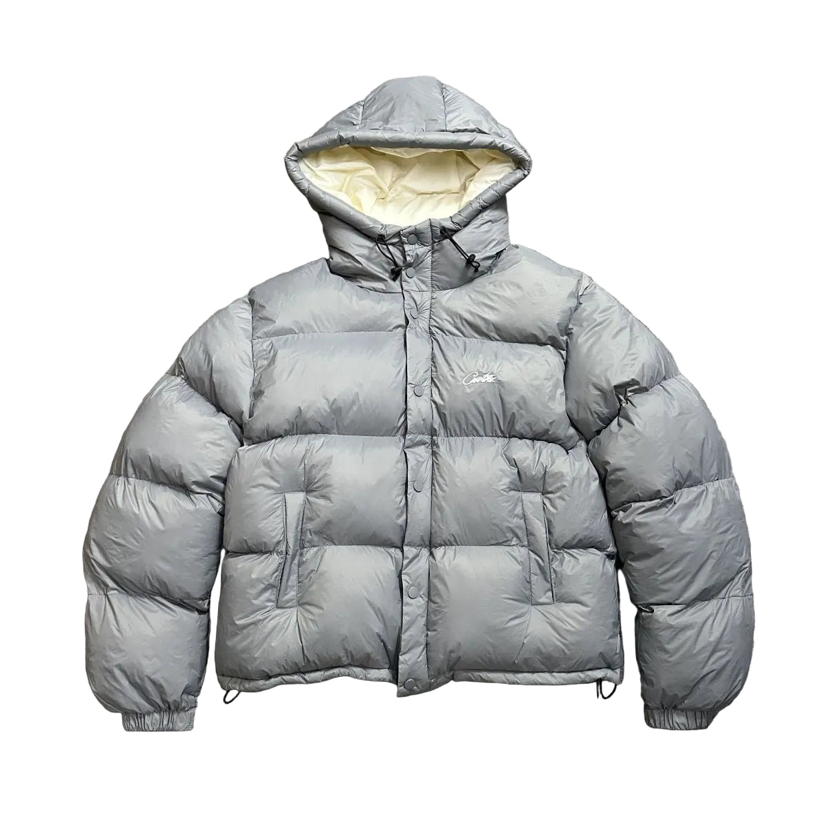 Corteiz Script Logo Grey Hooded Puffer Jacket