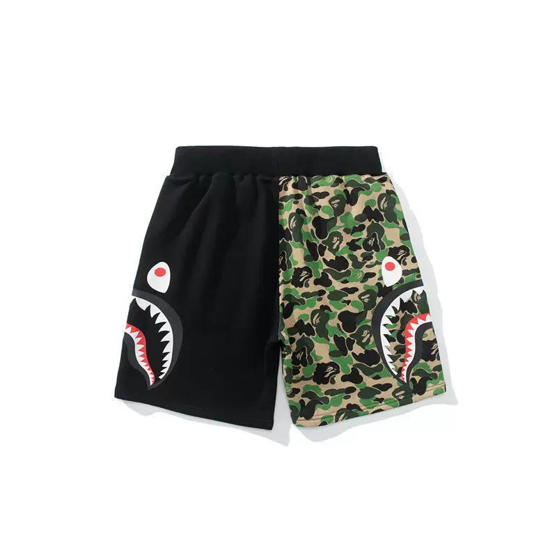 BAPE Style Split-Color Camo Shark Casual Shorts - Black/Green (Inverted)