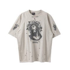 Saint Michael Jesus Distressed Ripped Raglan Vintage Tee