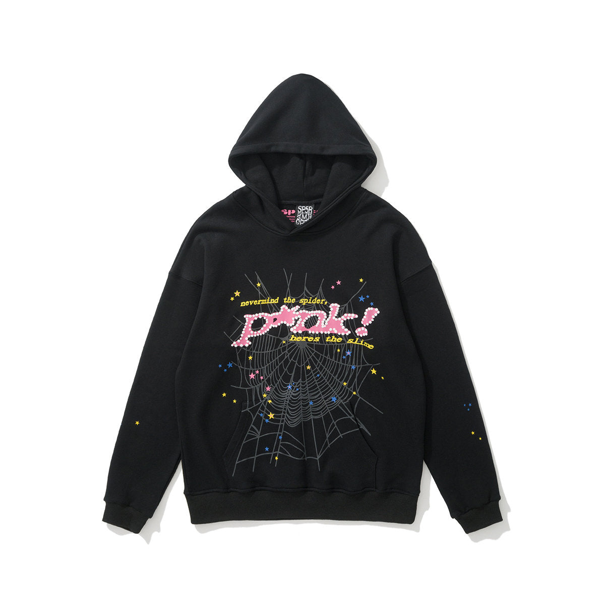 Spider punk star web slogan graphic black pullover hoodie