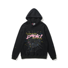 Spider punk star web slogan graphic black pullover hoodie