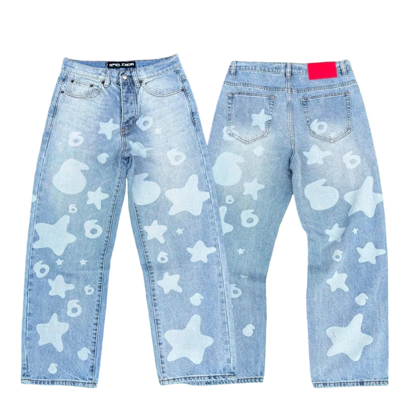 Spider white star 6 print light wash baggy denim jeans