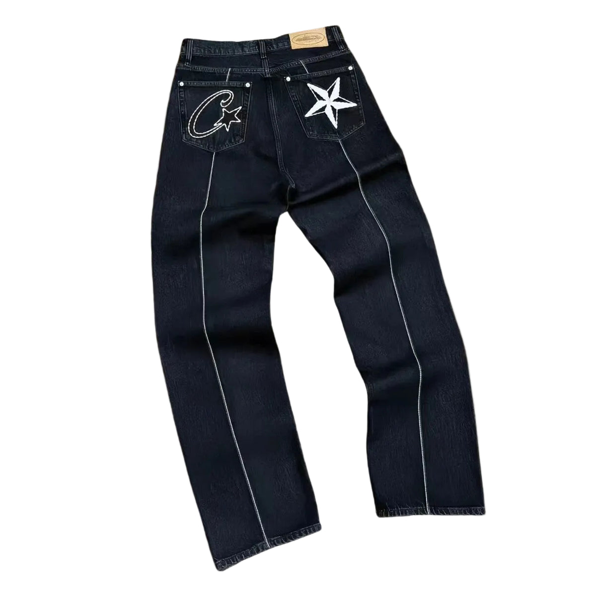 Corteiz C‑Star Embroidered Black Contrast Stitch Wide Leg Jeans