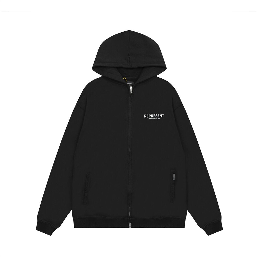 Represent Owners Club Small Logo Black Oversized Zip‑Up Hoodie