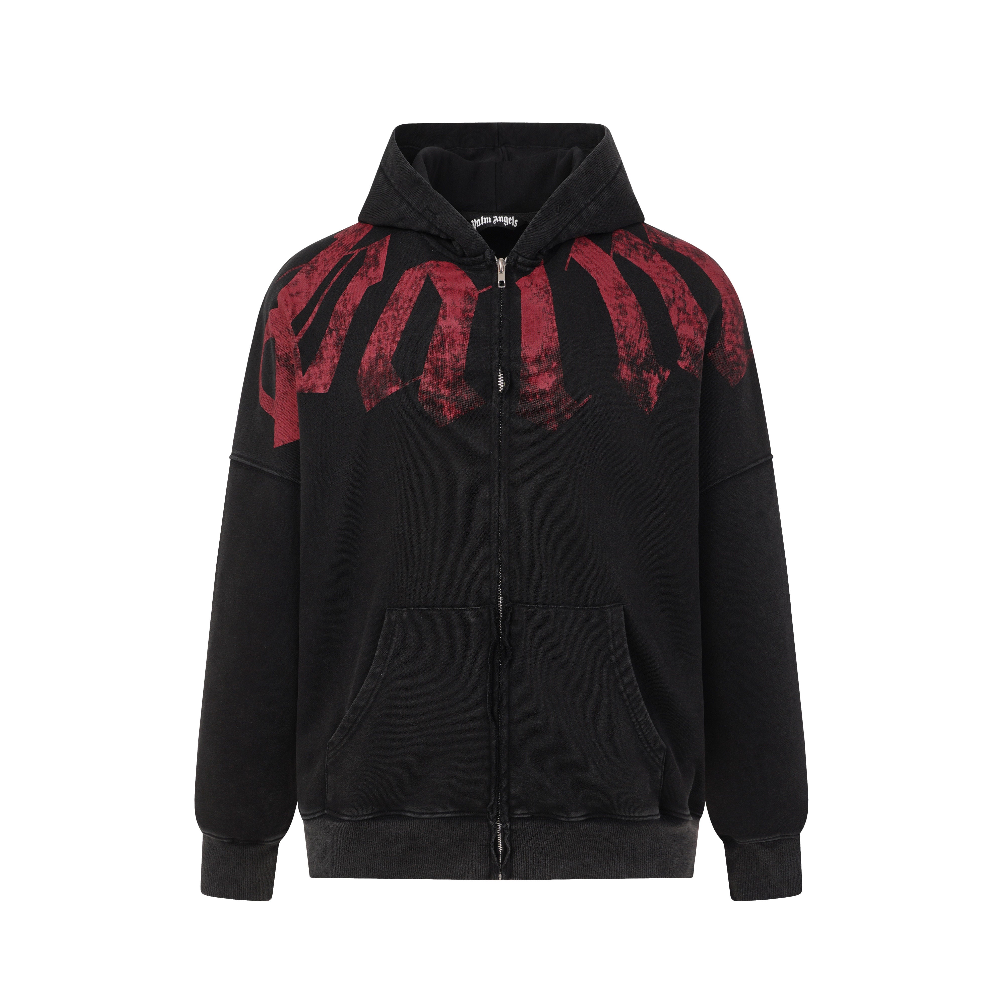 Palm Angels Faded Red Gothic Zip‑Up Oversized Hoodie
