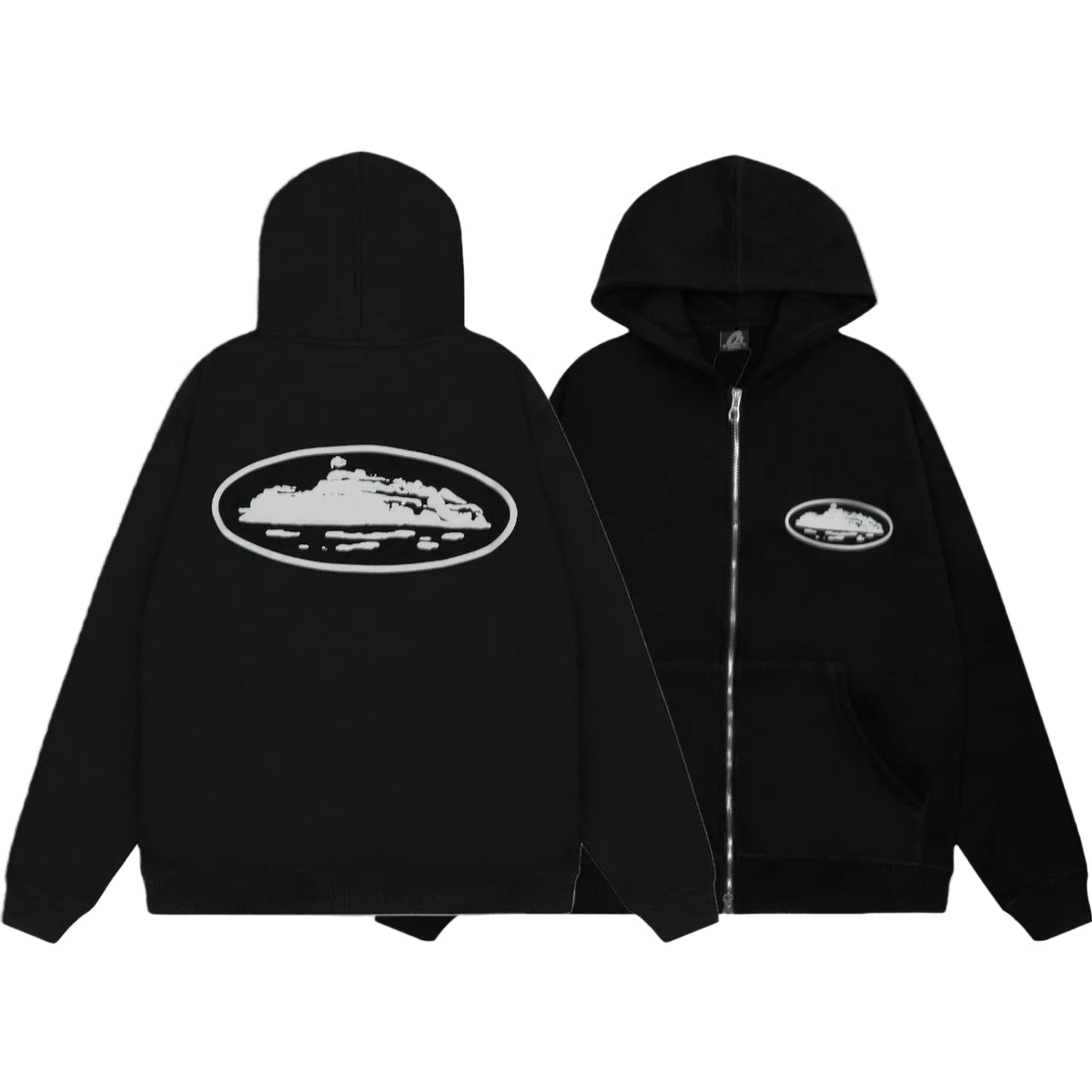 Corteiz Oval Island Logo Full‑Zip Black Hooded Jacket