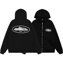 Corteiz Oval Island Logo Full‑Zip Black Hooded Jacket