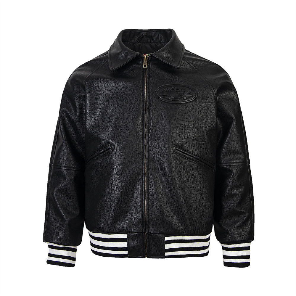 Corteiz Embossed Logo Black Leather Varsity Jacket