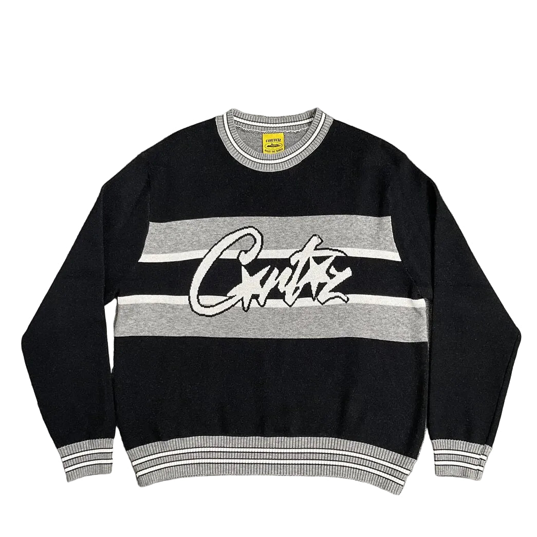 Corteiz Script Logo Striped Black Knit Crewneck Sweater