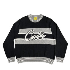 Corteiz Script Logo Striped Black Knit Crewneck Sweater