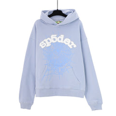 Spider web graphic print light blue pullover hoodie