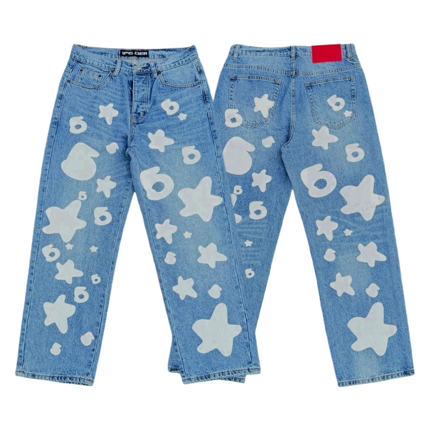 Spider white star 6 print light wash baggy denim jeans