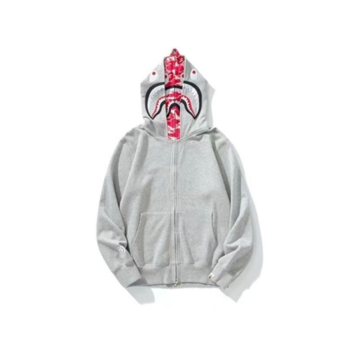 Bape Shark Double Hood Full Zip Hoodie Grey Red Camo